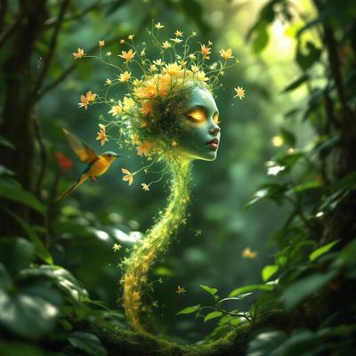 The primary subject of the image is a woman with a flower crown on her head. She is surrounded by a lush green forest, which serves as the setting and background of the scene. The visual style of the image is digital art, as it is a detailed and intricate illustration of the woman with a flower crown. The colors and mood of the image are vibrant and serene, with the greenery and flower crown adding a sense of natural beauty and tranquility to the scene.